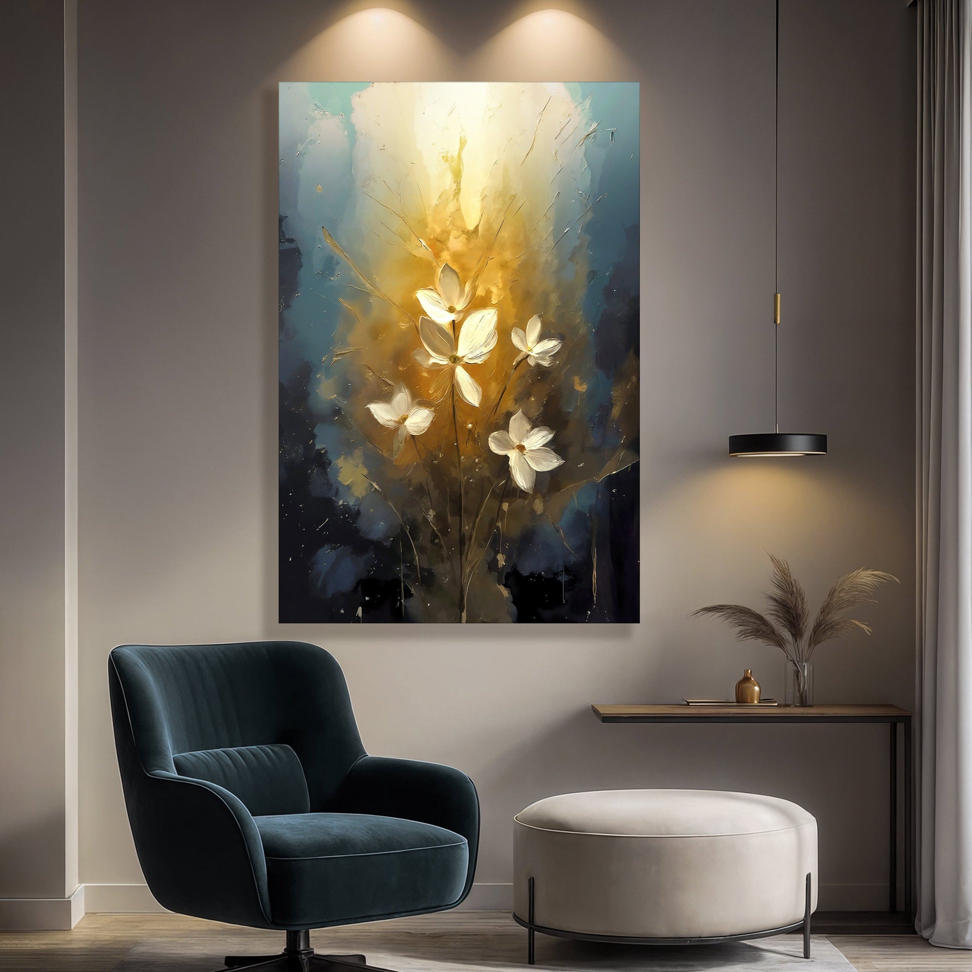 Golden glow elegant flower canvas wall art with luminous floral bloom in gold tones
