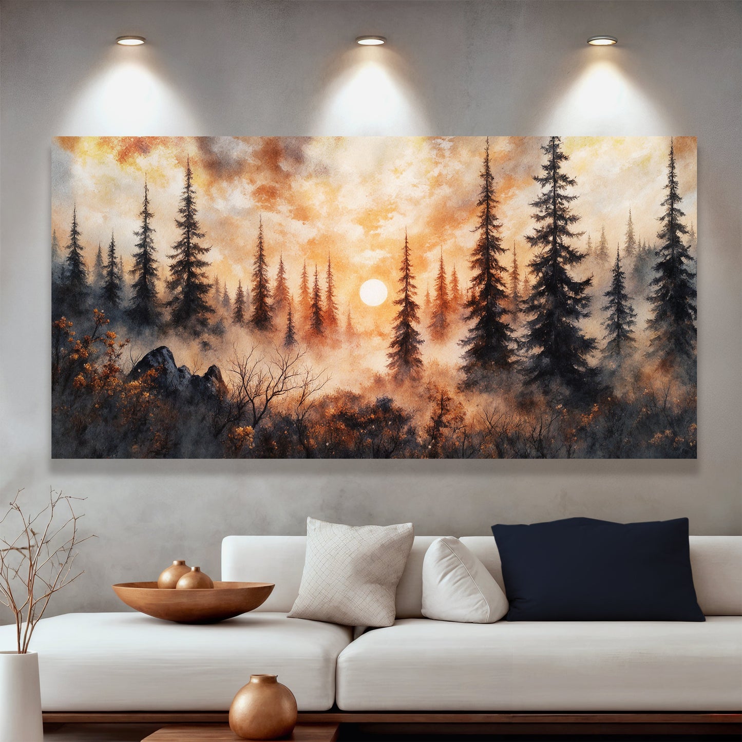 Rustic forest sunset canvas wall art with warm light over trees and mountains