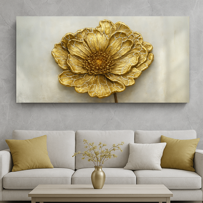 Golden dandelion minimalist abstract canvas wall art in warm gold tones, ready to hang