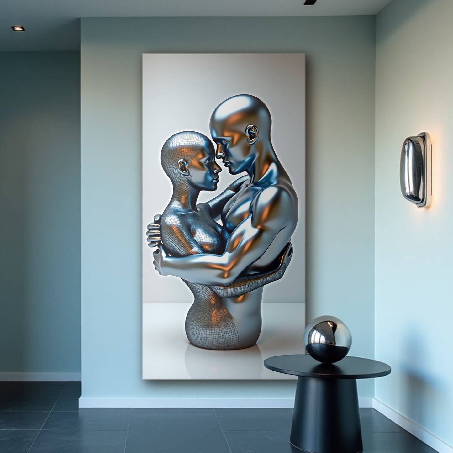 Abstract canvas art of embracing figures in fluid lines, romantic contemporary wall decor