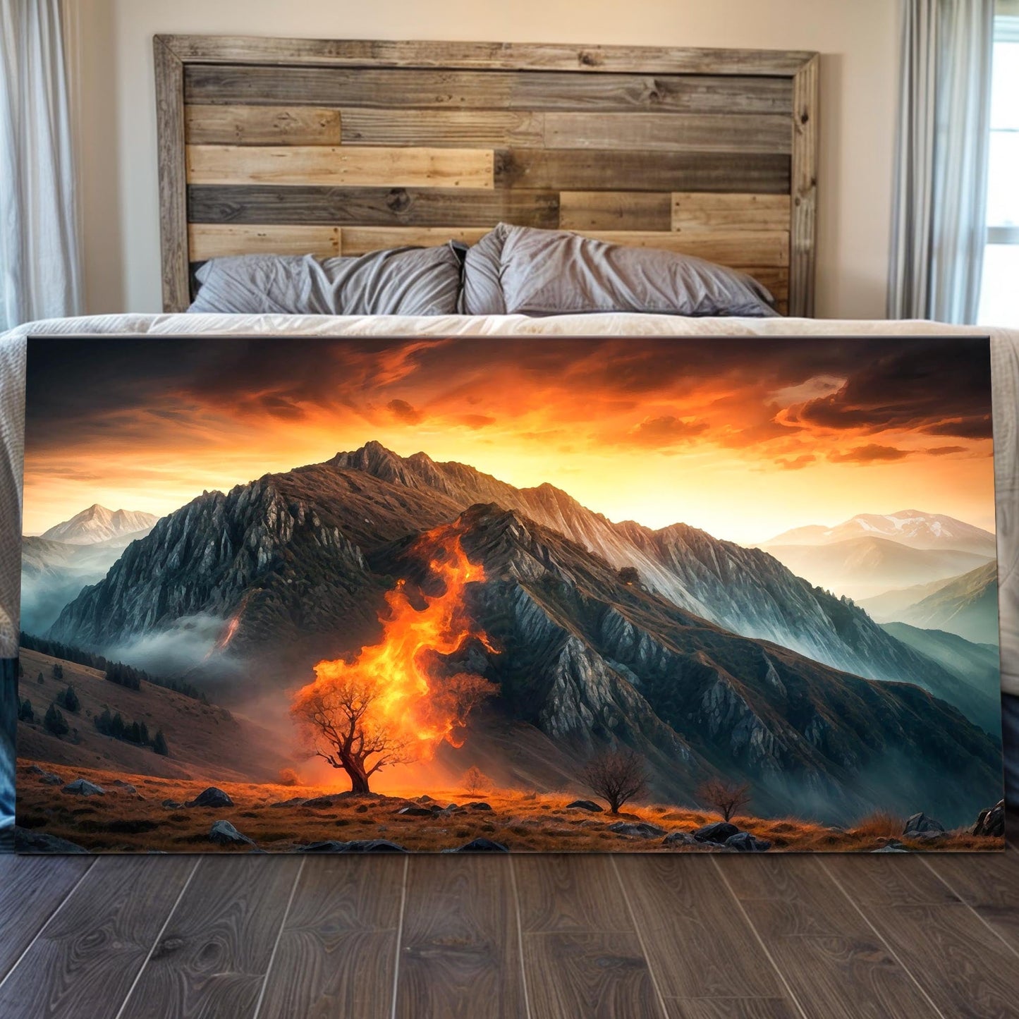 Burning Bush faith canvas wall art with deep glowing tones, ready to hang