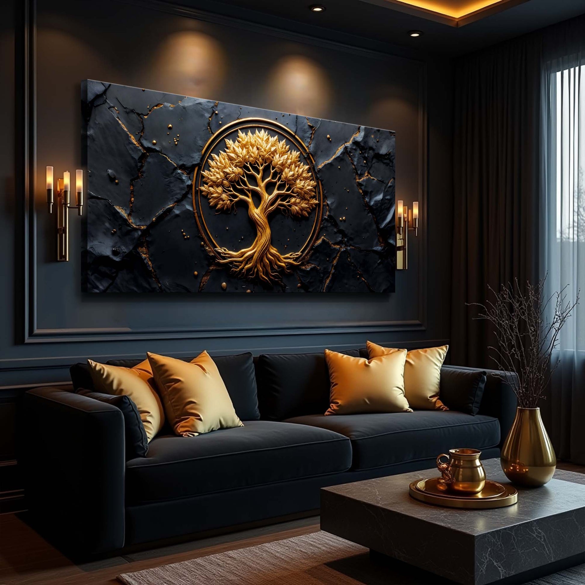 Golden grove tree of life canvas wall art with detailed branches in rich golden tones