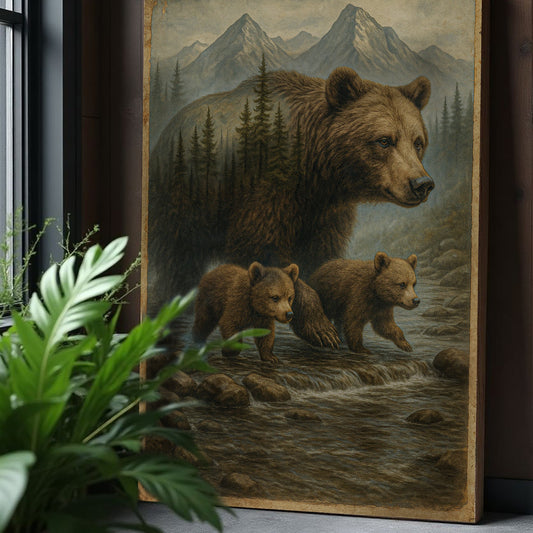 Mother bear and cubs double exposure canvas wall art with bear family layered with forest landscape