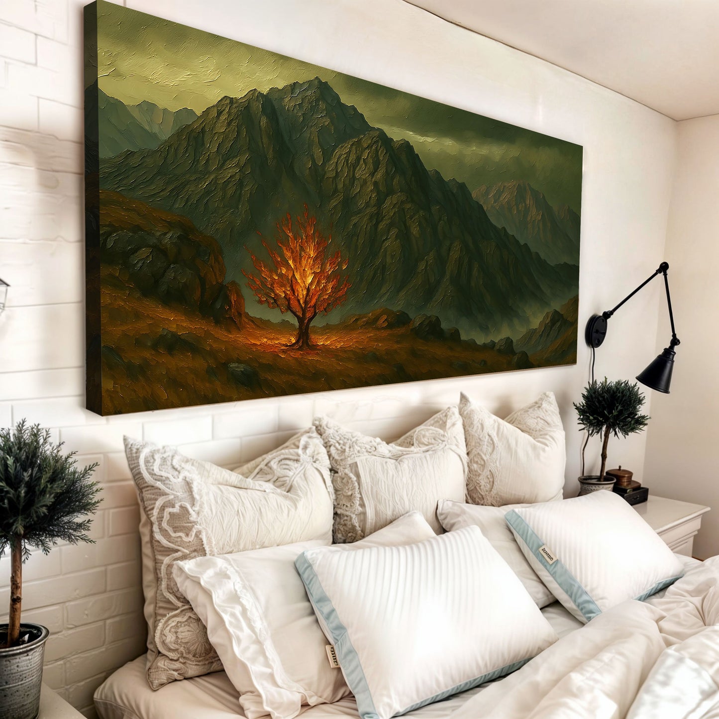 Burning bush faith wall art canvas with warm biblical scene for Christian decor