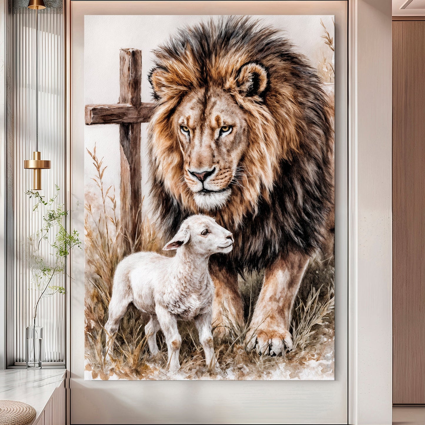 Lion and sheep faith wall art on canvas — peaceful faith-inspired decor, made in the USA