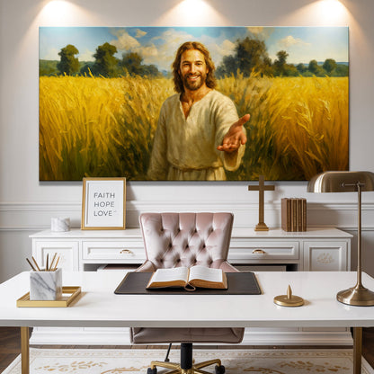 Smiling Jesus standing in a bright golden wheat field with trees behind him