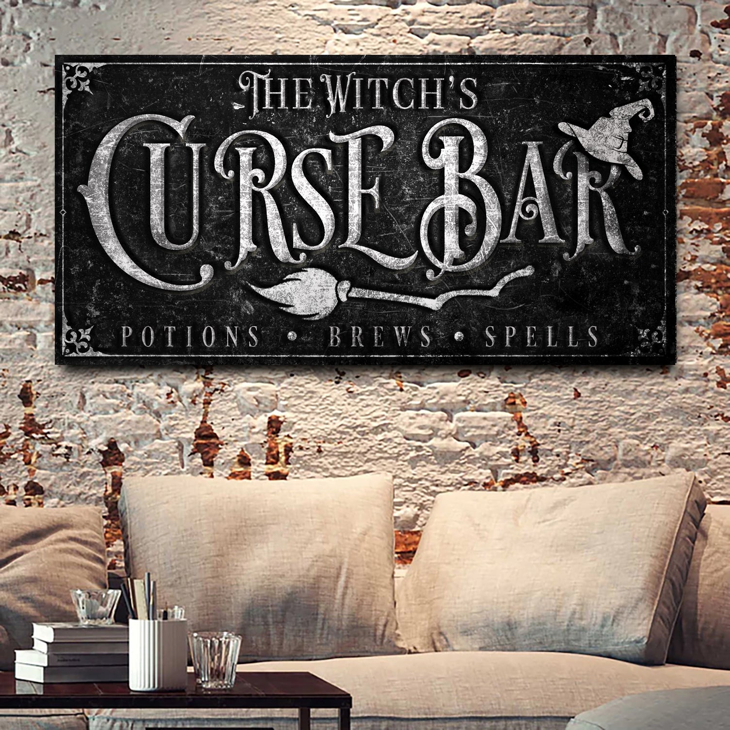 Witch's Curse Bar Halloween canvas wall art with gothic speakeasy bar typography, gallery-wrapped