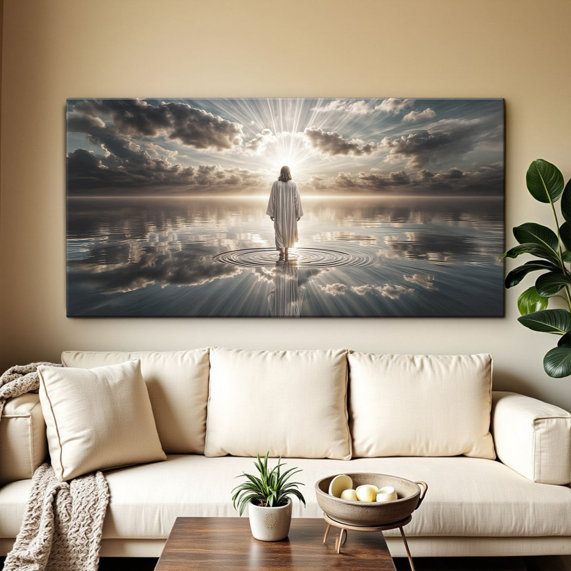 Walking on Water faith canvas wall art with a calm reflective mood, ready to hang