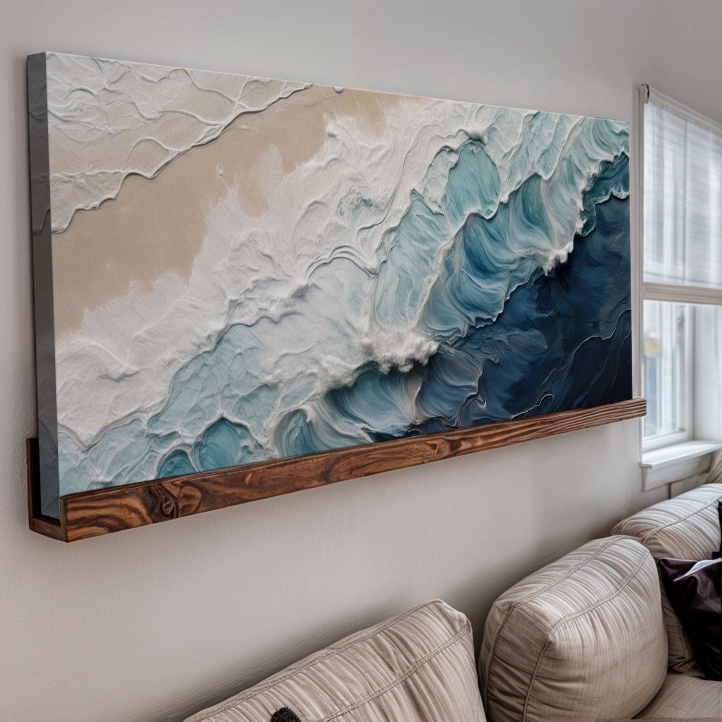 Crashing coastal waves canvas wall art in bold blue and white tones, ready to hang