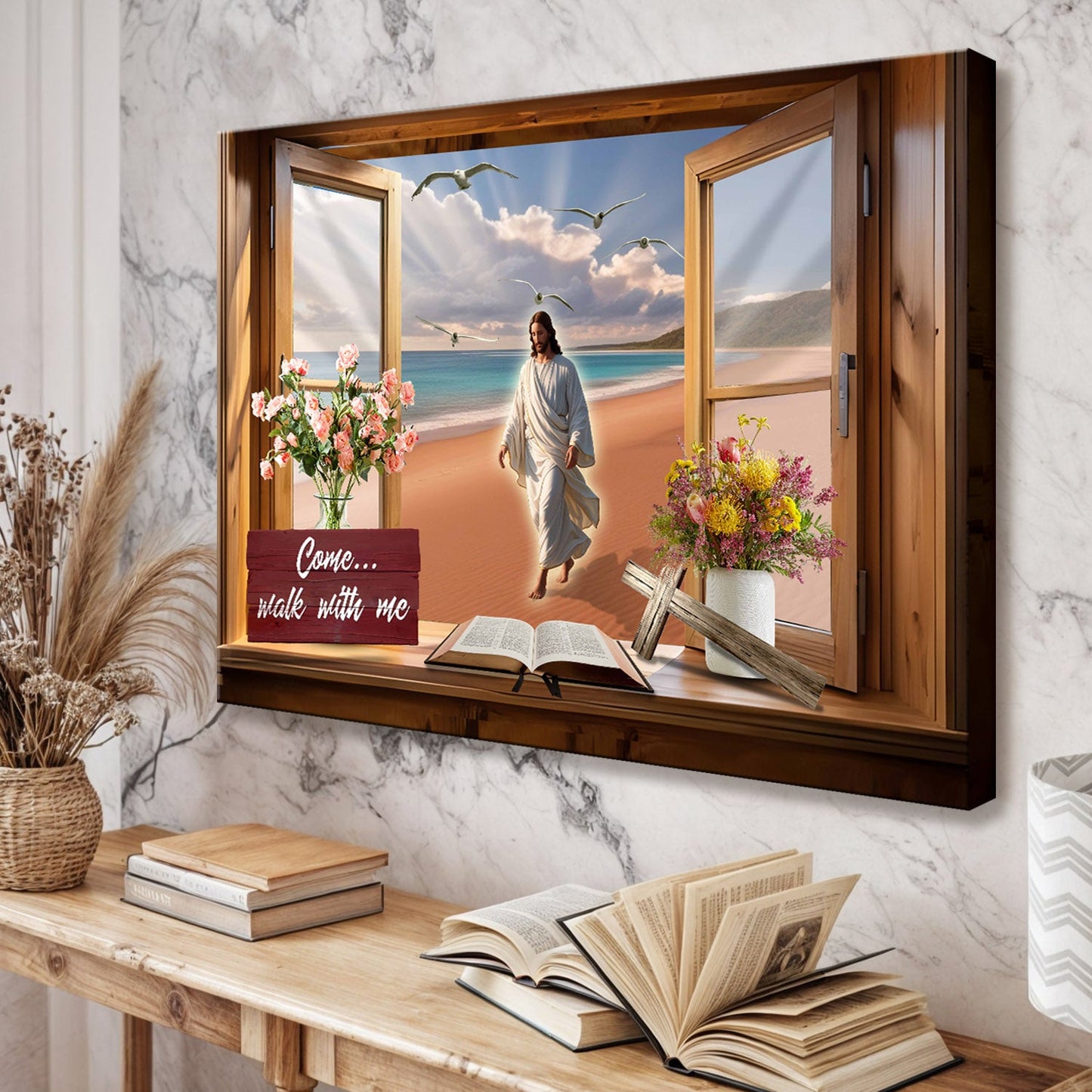 Come Walk With Me faith canvas with Jesus on shoreline framed by rustic window scene