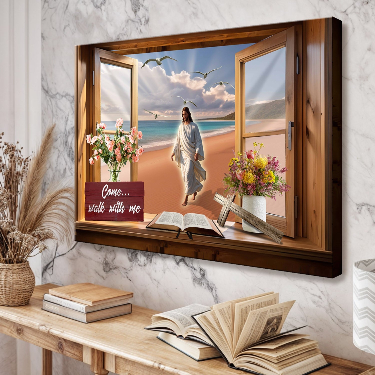 Come Walk With Me faith canvas with Jesus on shoreline framed by rustic window scene