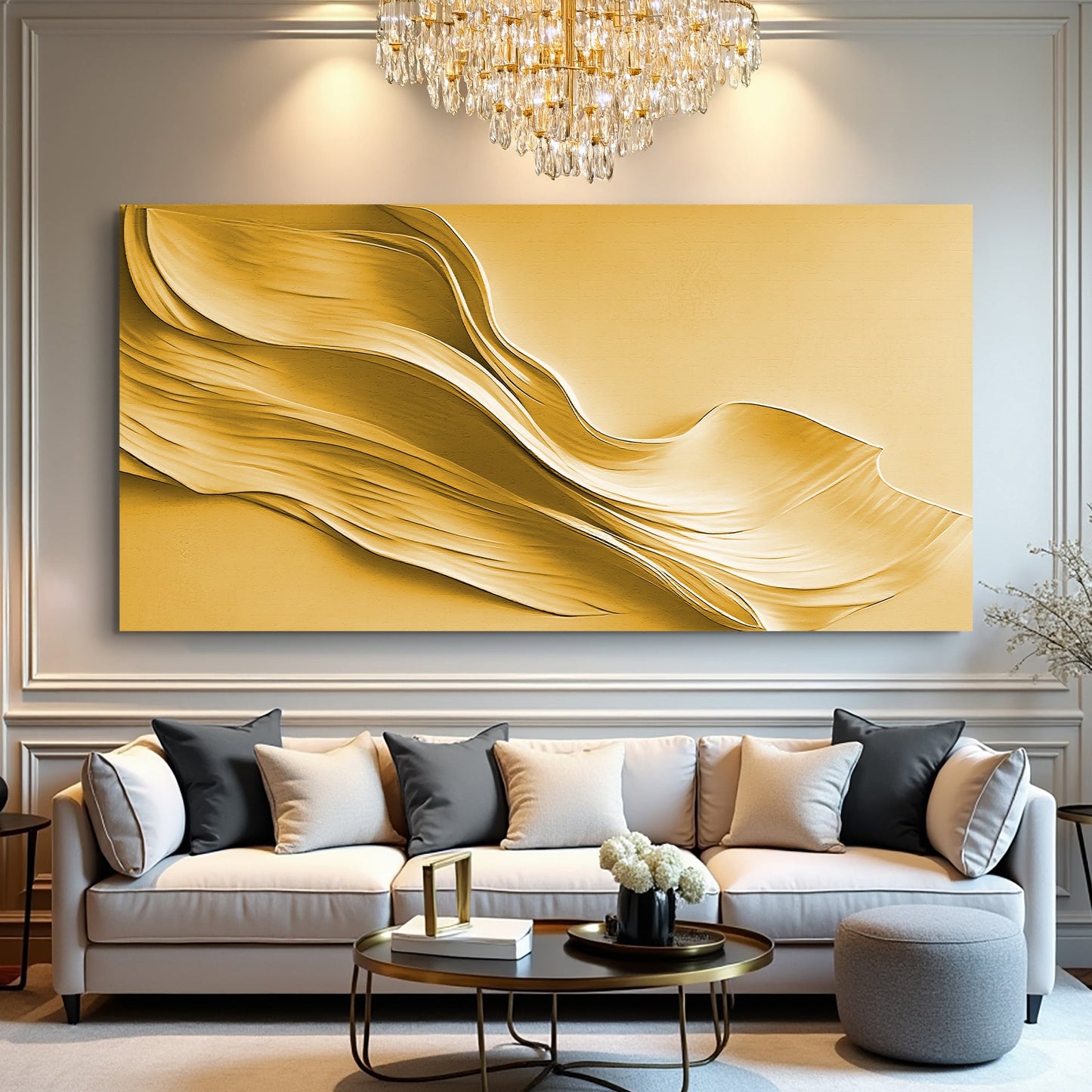 Gold minimalist abstract canvas wall art with clean lines and warm gold tones