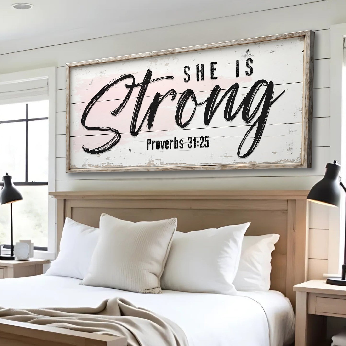 She Is Strong Proverbs 31:25 faith canvas sign with uplifting biblical verse in bold design