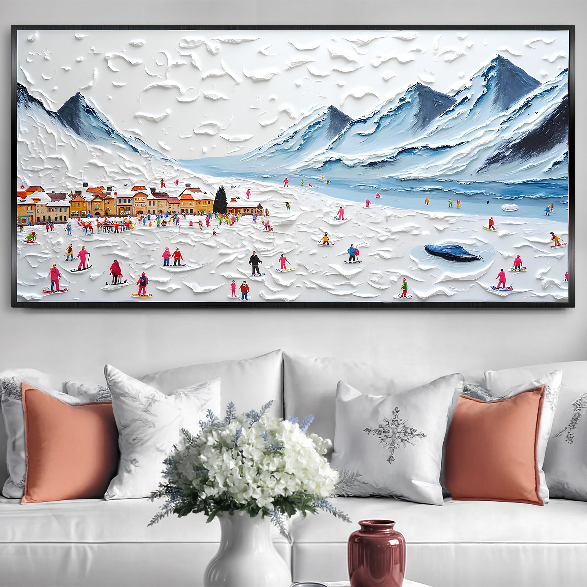 Snow mountain abstract canvas wall art with painterly snow-capped peaks