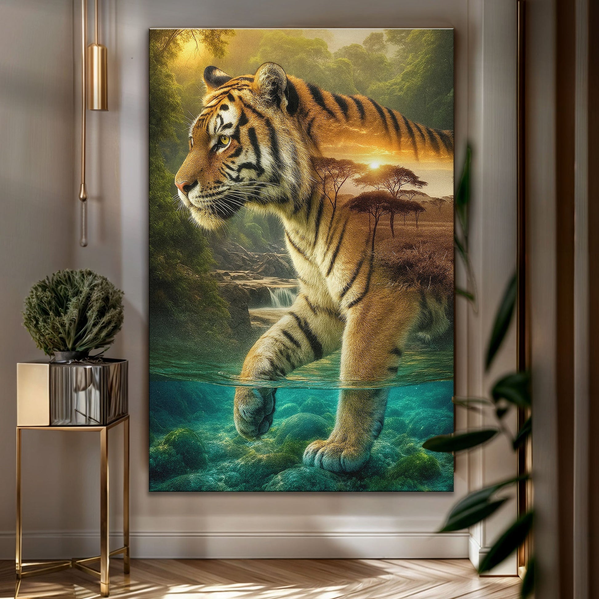 Tiger's Allegory canvas wall art - bold tiger wildlife art for living room
