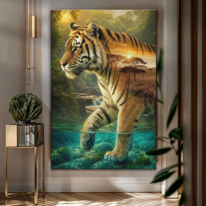 Tiger's Allegory canvas wall art - bold tiger wildlife art for living room