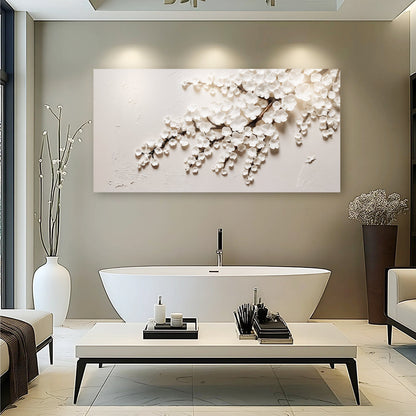 White cherry blossom floral canvas wall art in soft calming tones, ready to hang