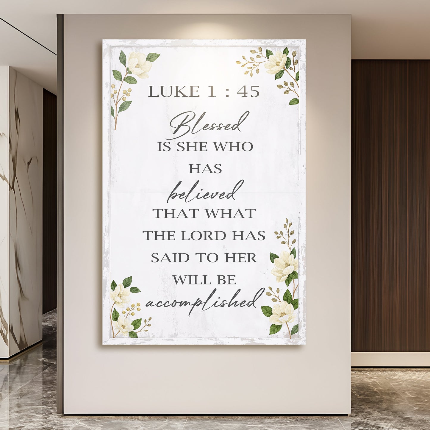 Blessed is she who believed Luke 1:45 scripture canvas art with Christian women decor