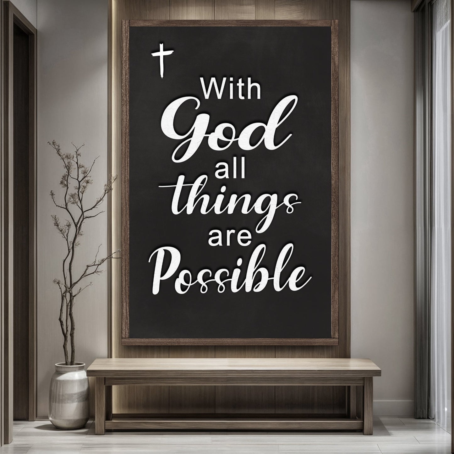 With God All Things Are Possible scripture canvas, flowing lettering faith wall art