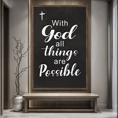 With God All Things Are Possible scripture canvas, flowing lettering faith wall art