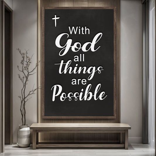 With God All Things Are Possible scripture canvas, flowing lettering faith wall art