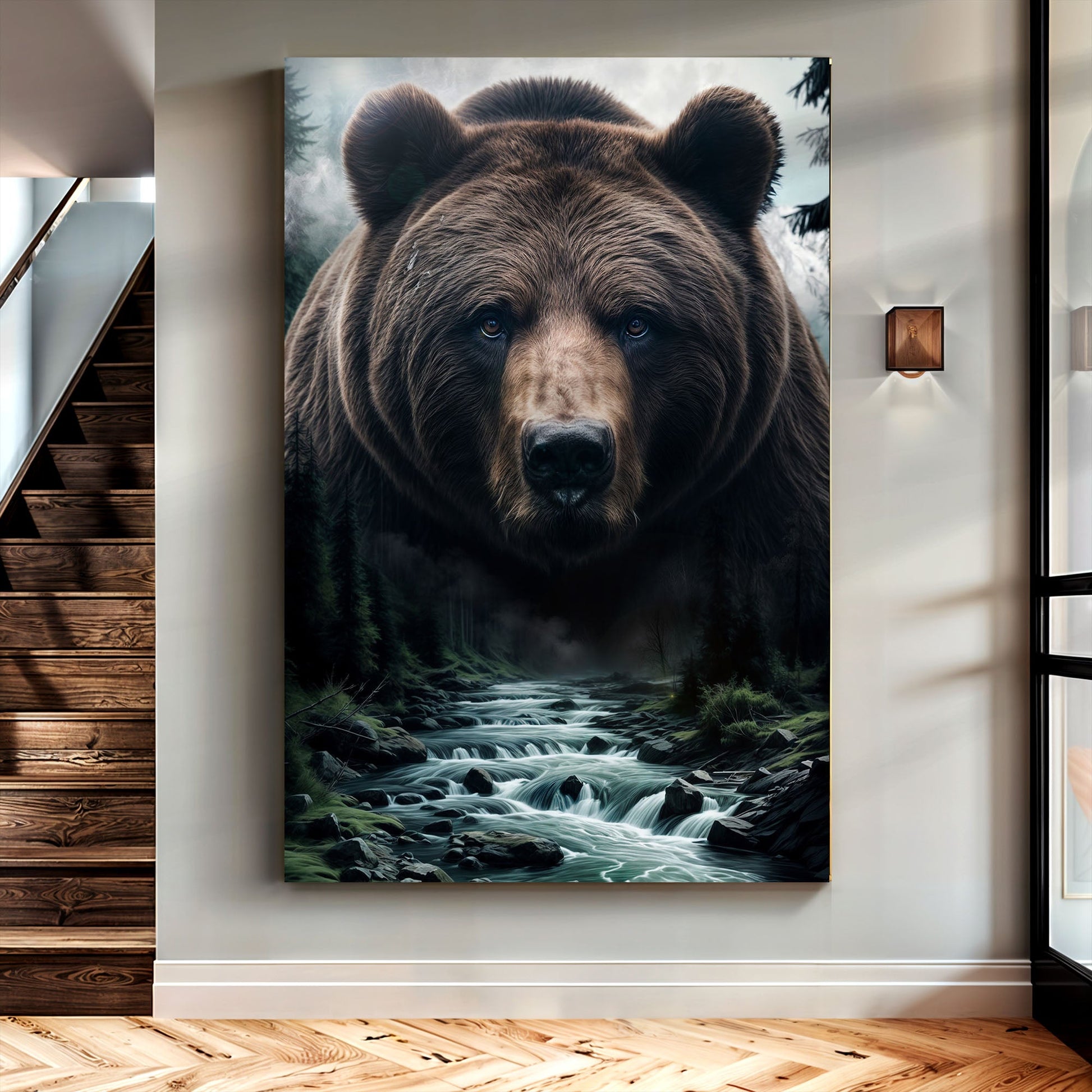 Grizzly bear double exposure canvas wall art with wilderness landscape overlay