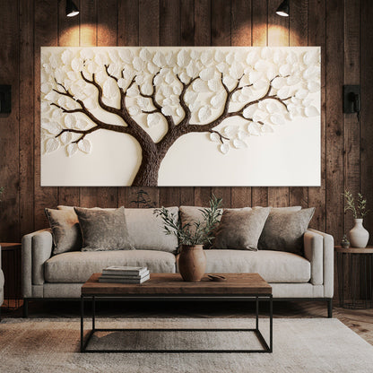 Ivory canopy tree canvas wall art in soft neutral tones, ready to hang