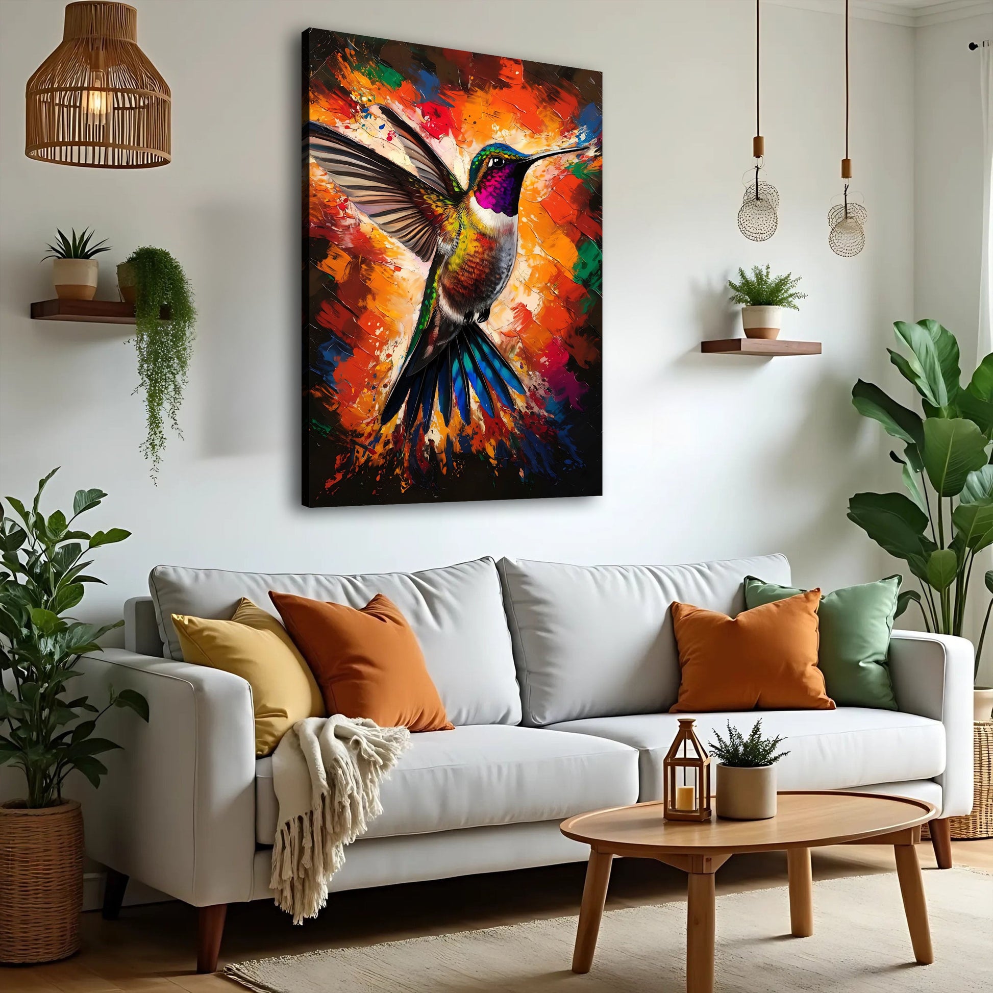 Hummingbird abstract canvas wall art in vibrant expressive brush style with colorful bird imagery on gallery-wrapped canvas