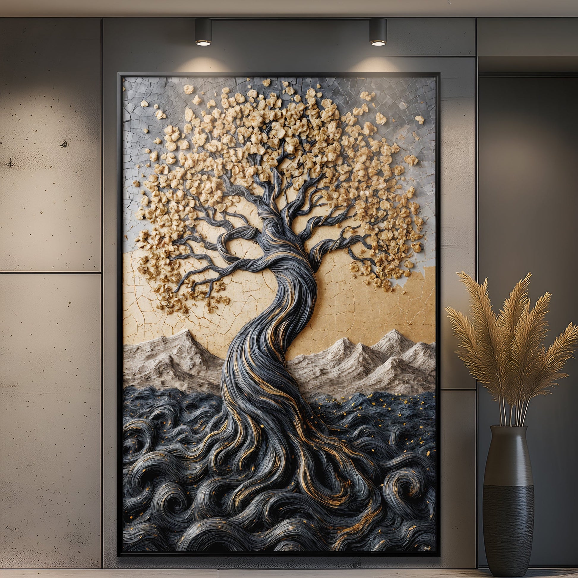 Golden tree of life minimalist canvas wall art with clean golden branches on neutral background