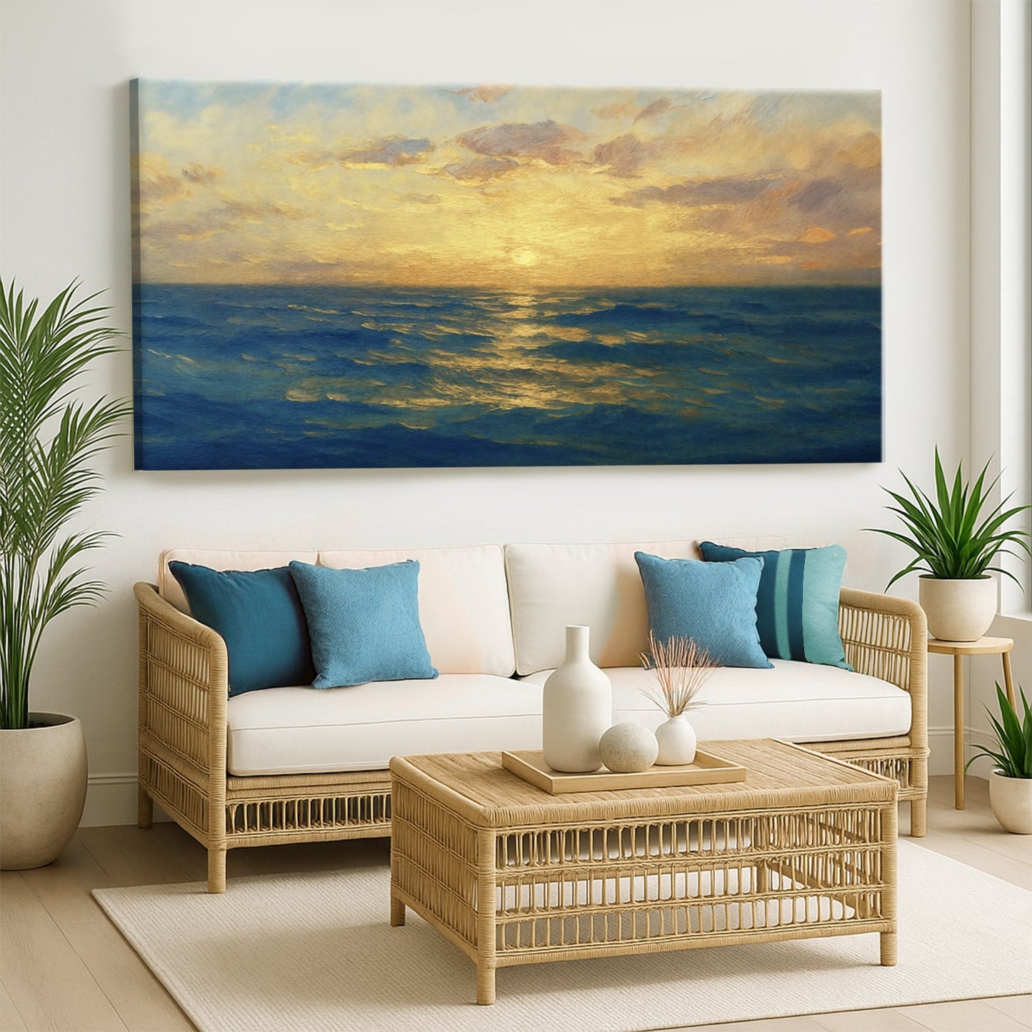 Waterscape abstract canvas wall art VII with oceanic blue tones and fluid forms, gallery wrapped