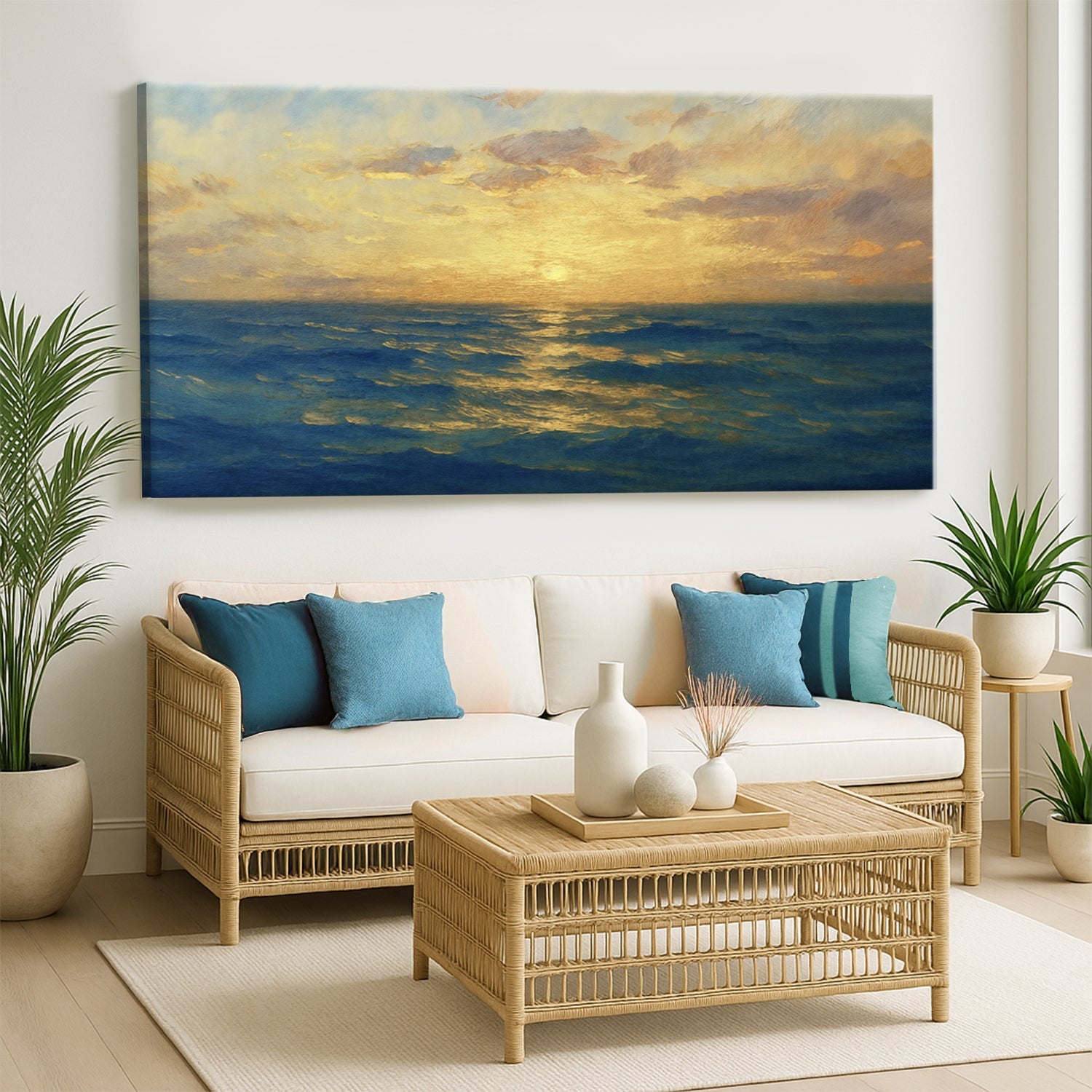 Waterscape abstract canvas wall art VII with oceanic blue tones and fluid forms, gallery wrapped