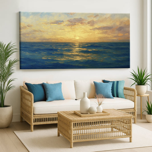 Waterscape abstract canvas wall art VII with oceanic blue tones and fluid forms, gallery wrapped