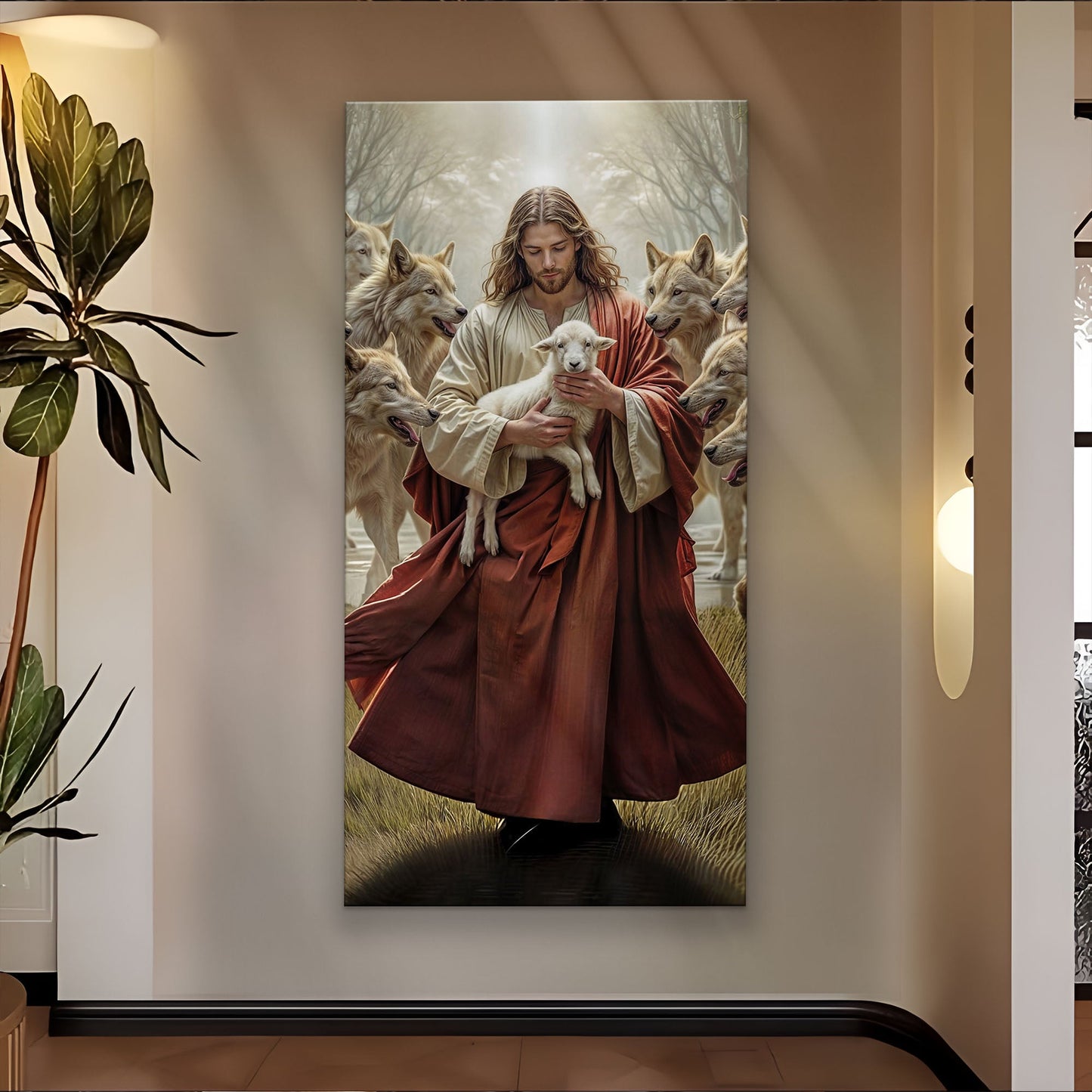 Jesus and the wolf faith canvas wall art shepherd protecting flock