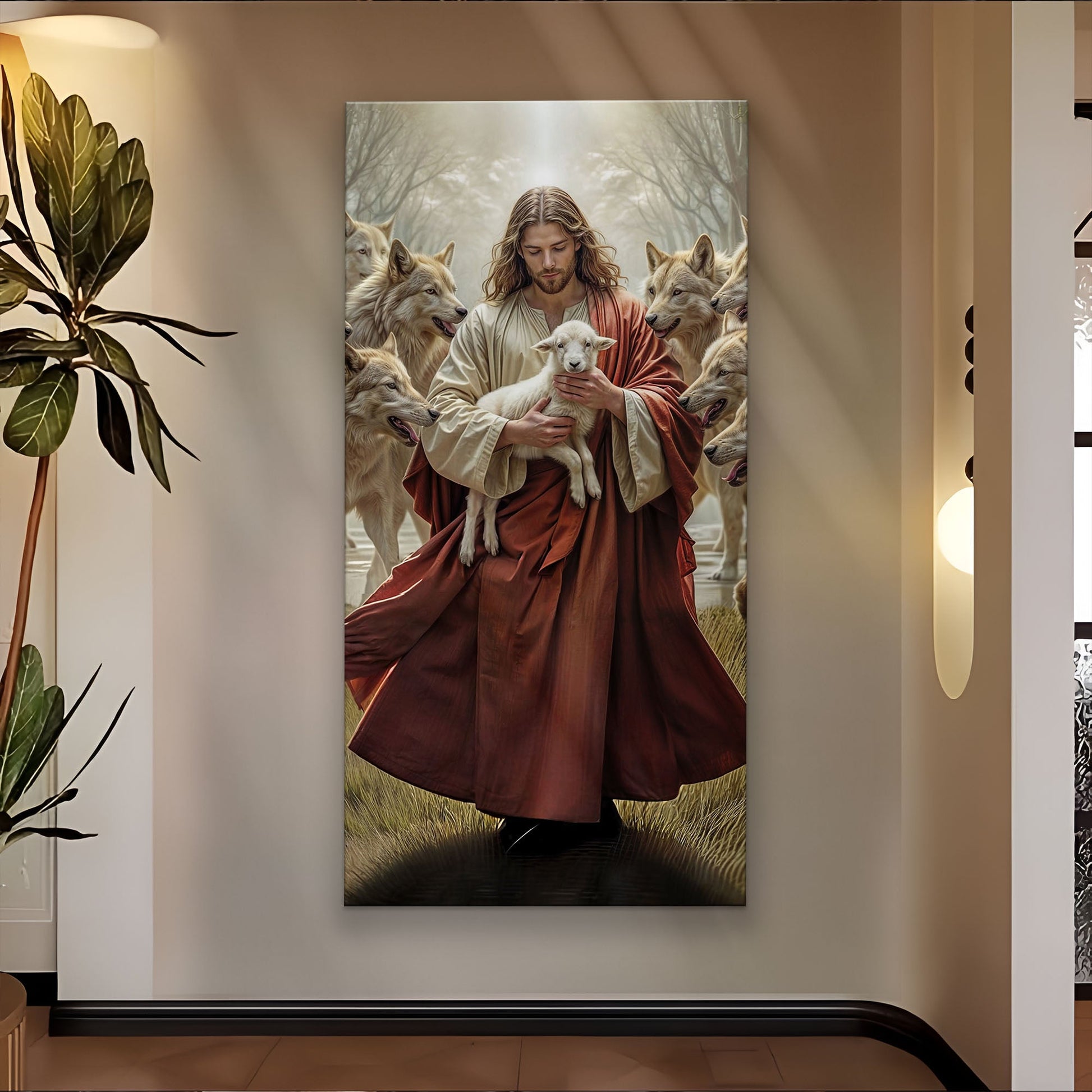 Jesus and the wolf faith canvas wall art shepherd protecting flock