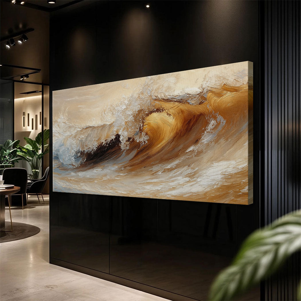 Ocean wave seascape canvas coastal art in deep blue tones, ready to hang