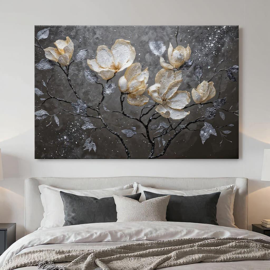Midnight magnolias floral canvas wall art — white blooms on dark background gallery wrapped