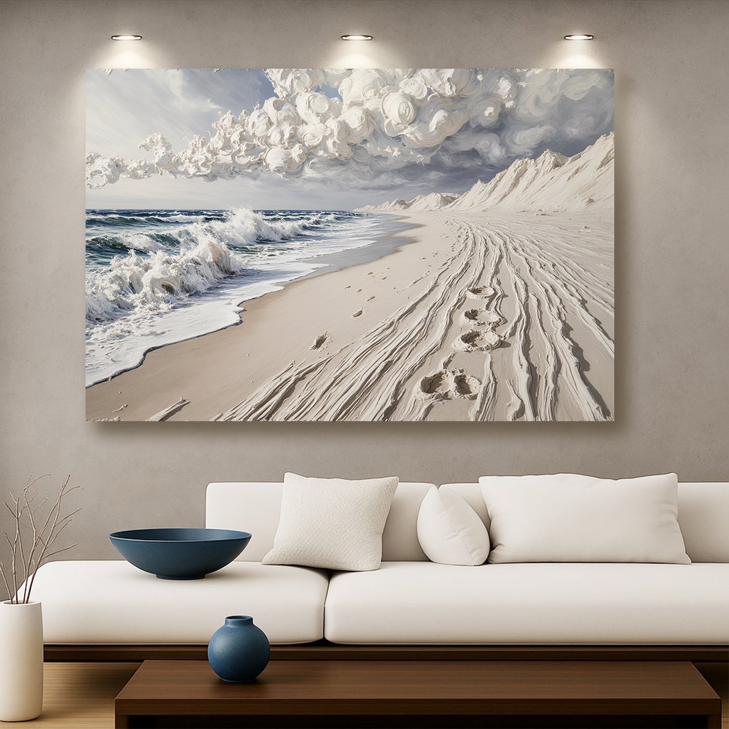 Footprints in the Sand coastal canvas wall art, beach decor, gallery-wrapped, ready to hang