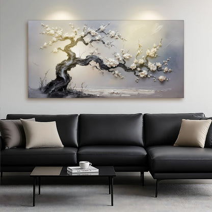 White blossom floral canvas wall art with delicate pale blooms, ready to hang