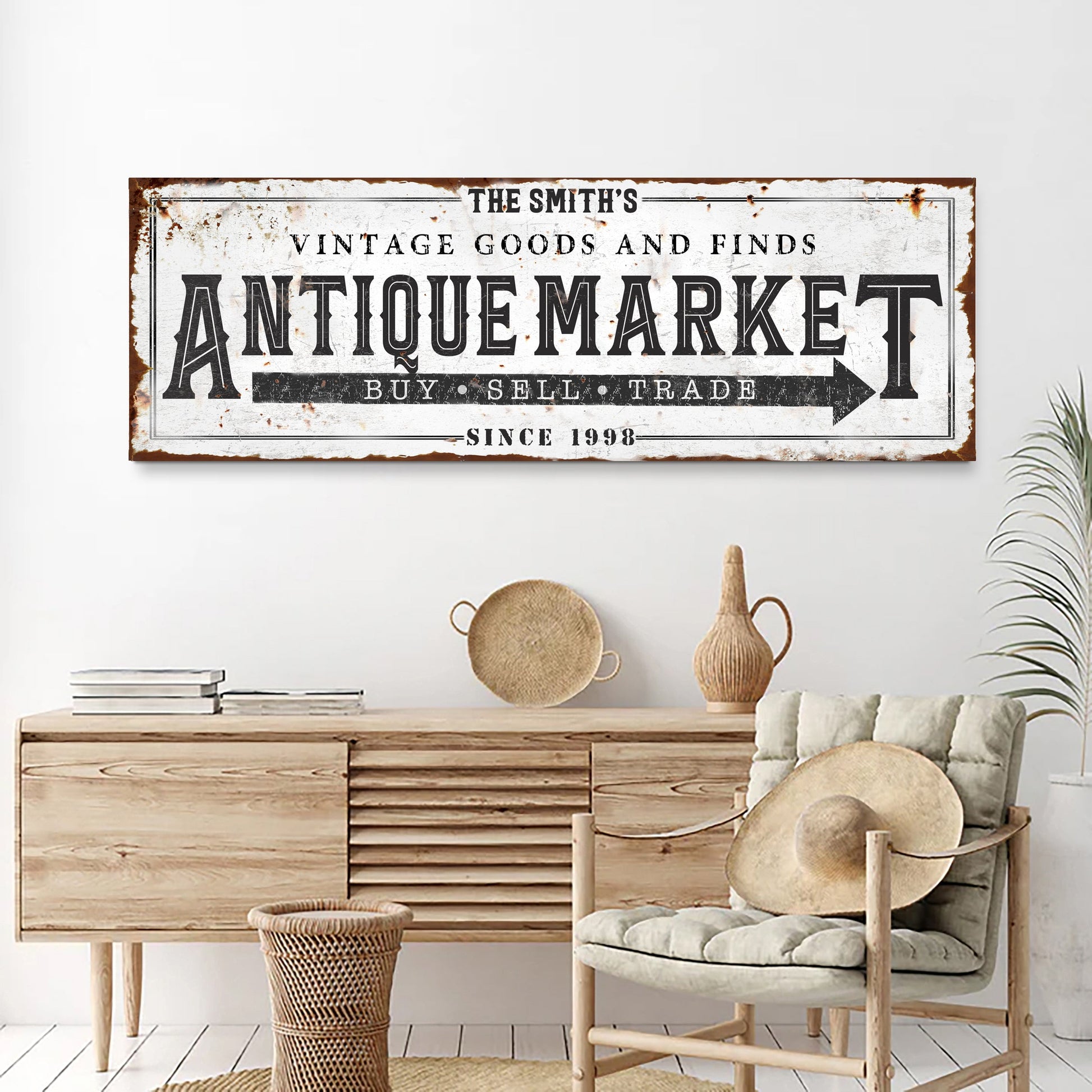 Vintage Antique Market canvas wall art, retro weathered typography sign for eclectic decor