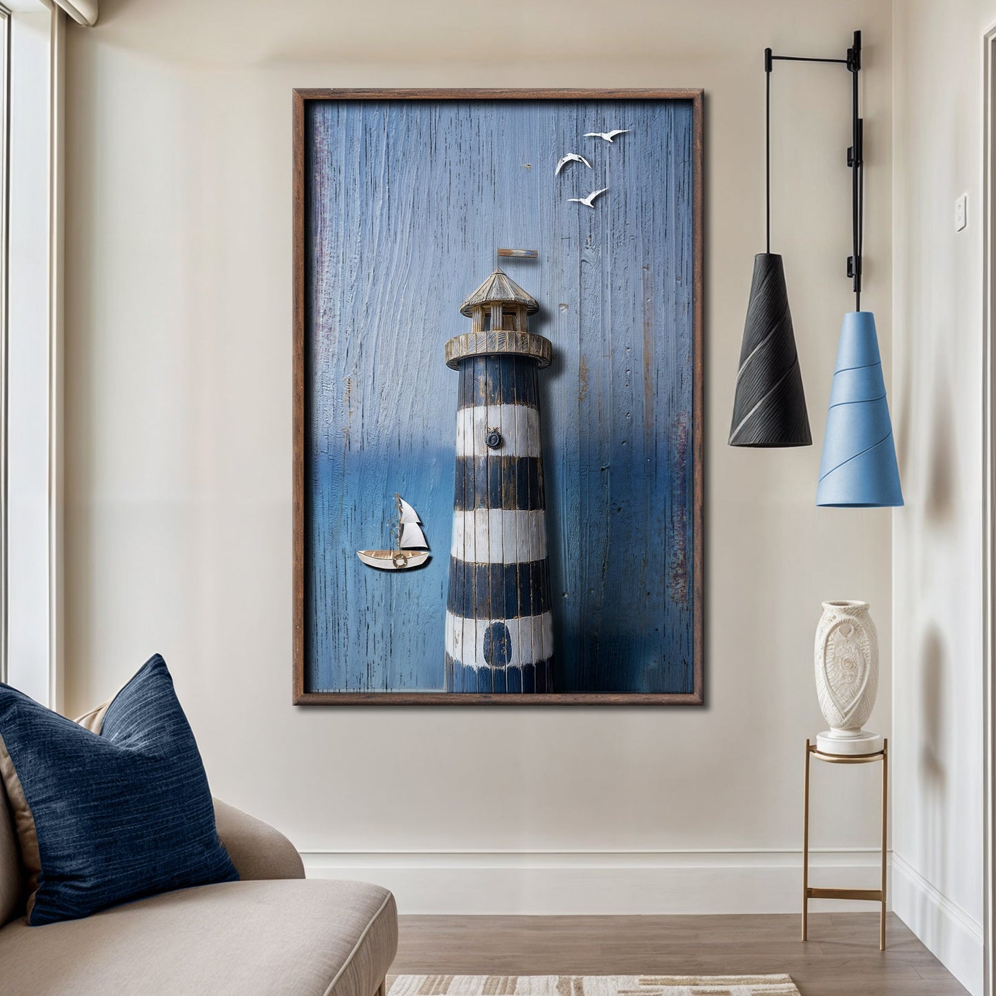Wooden lighthouse coastal canvas wall art III with nautical atmosphere and warm palette