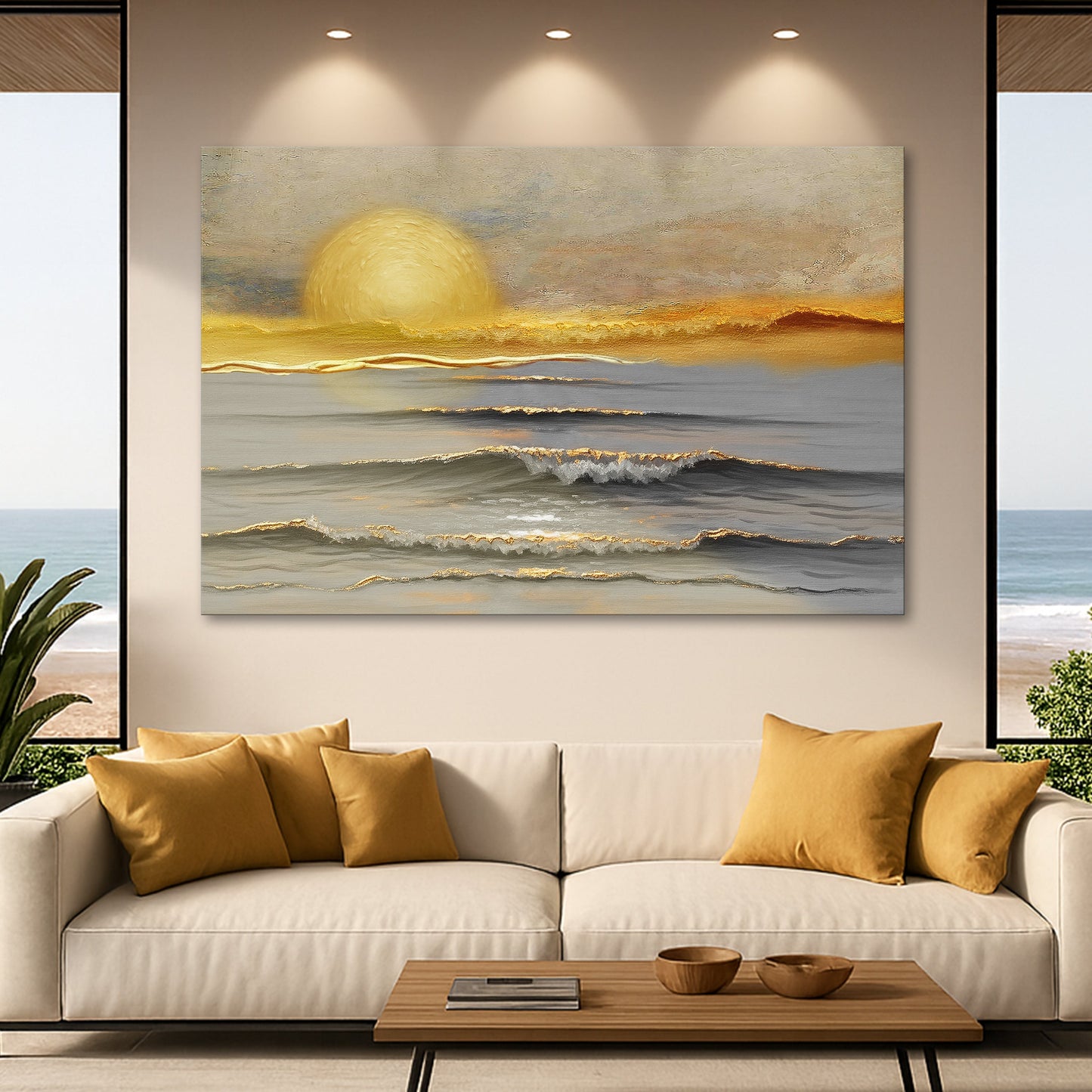 Golden horizon calm landscape canvas wall art with serene golden sunrise and minimal composition