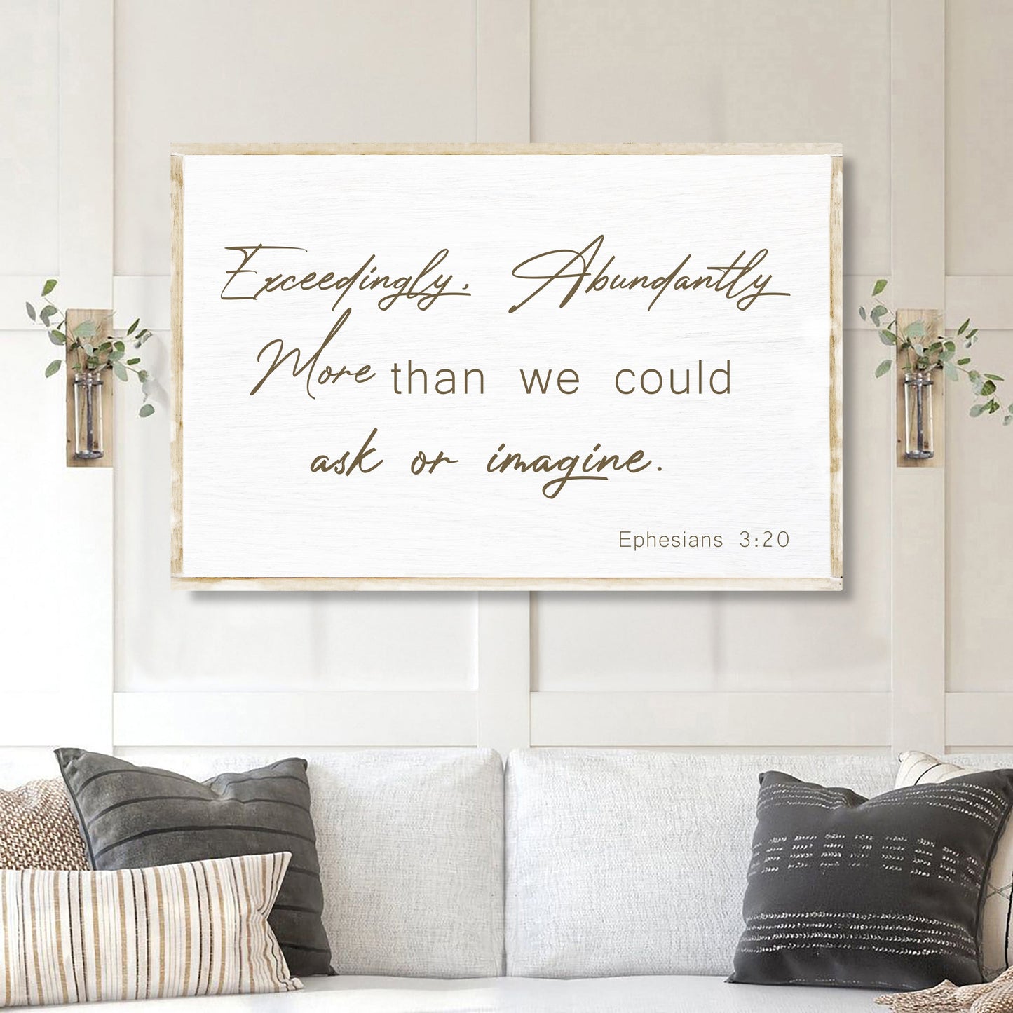 Ephesians 3:20 farmhouse faith canvas sign with rustic scripture typography