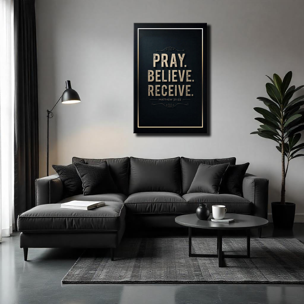 Matthew 21:22 Pray Believe Receive faith canvas wall art — horizontal scripture sign