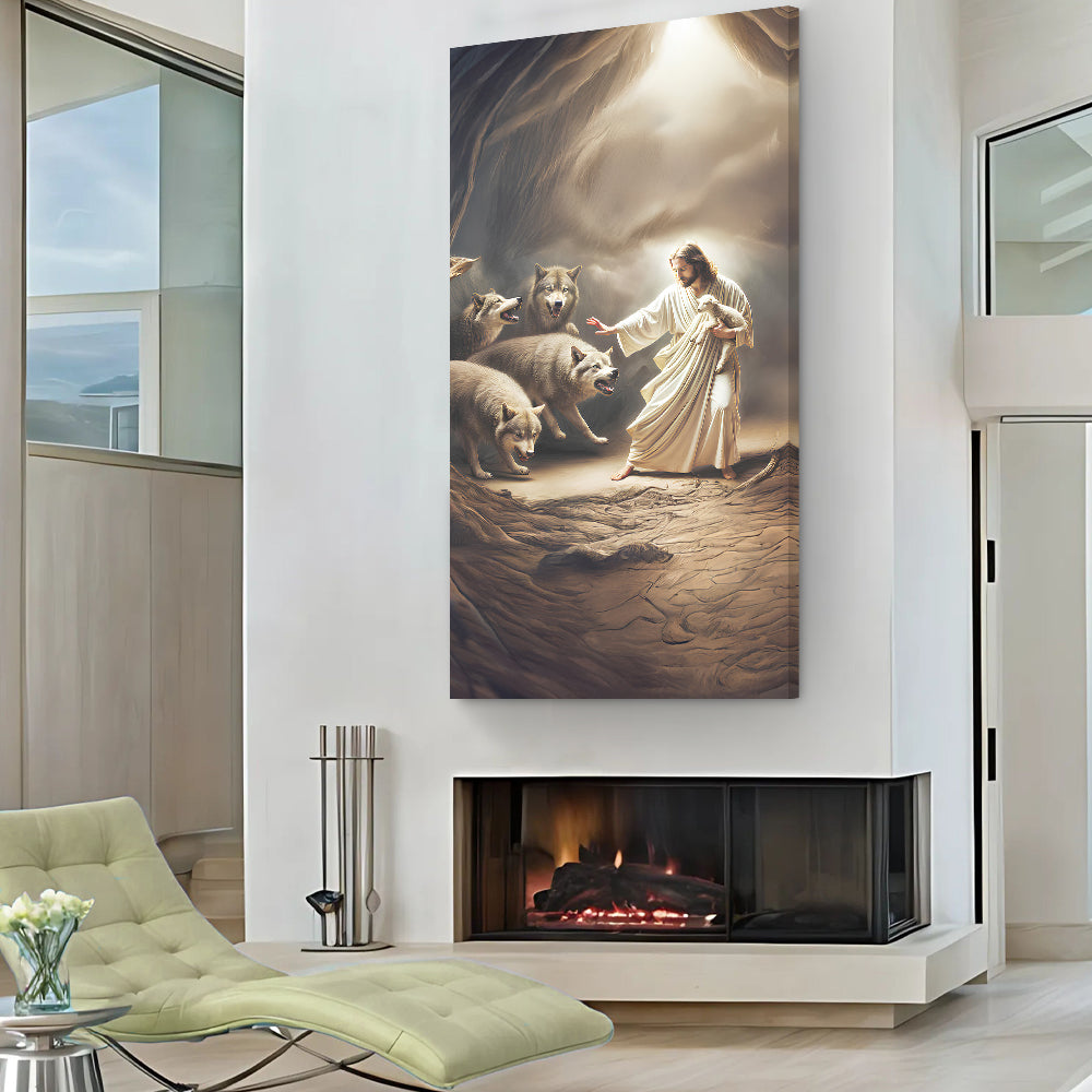 Faith canvas Jesus shepherd lamb and wolf in wide horizontal format