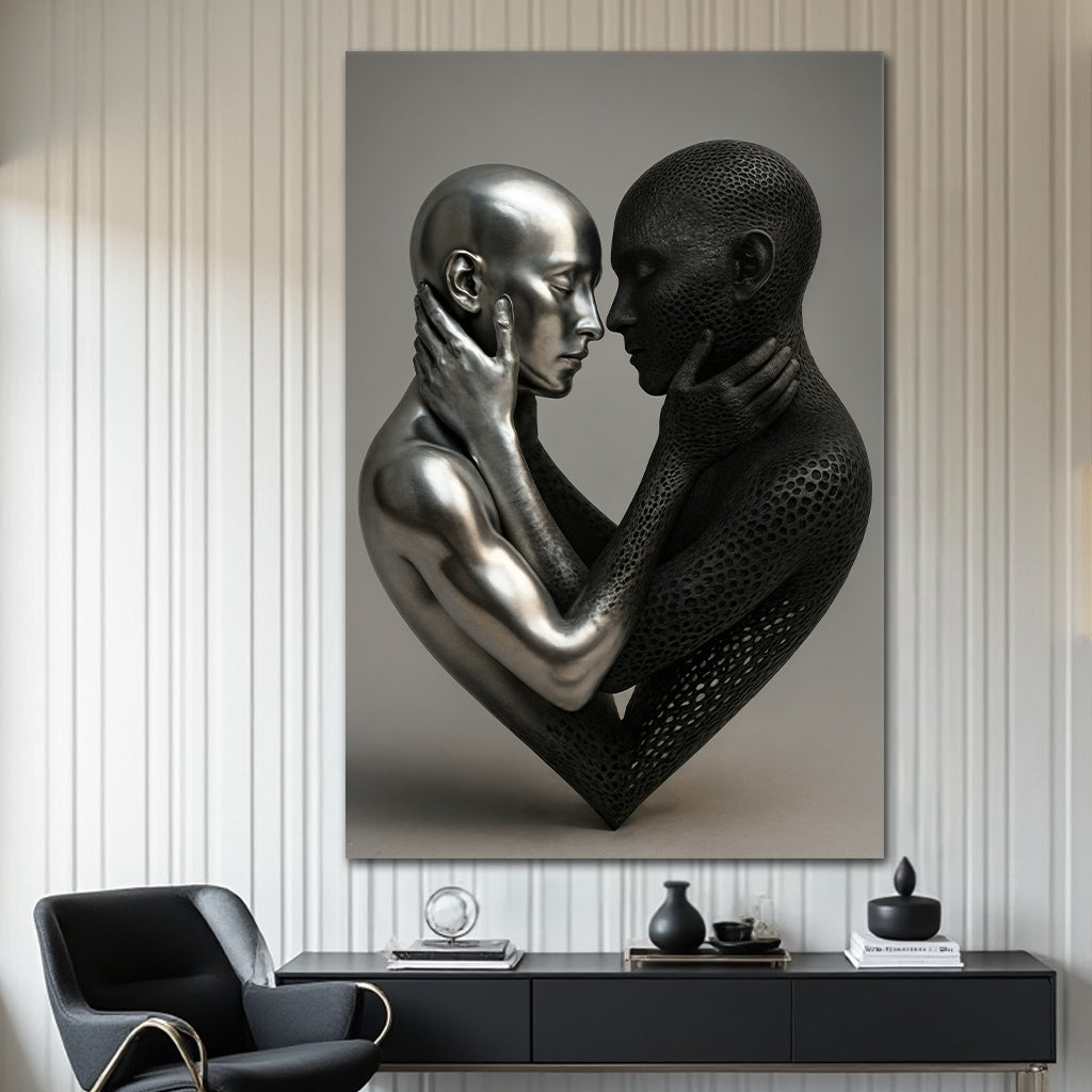 Abstract figure canvas art showing two silhouettes in a delicate dance, romantic wall decor