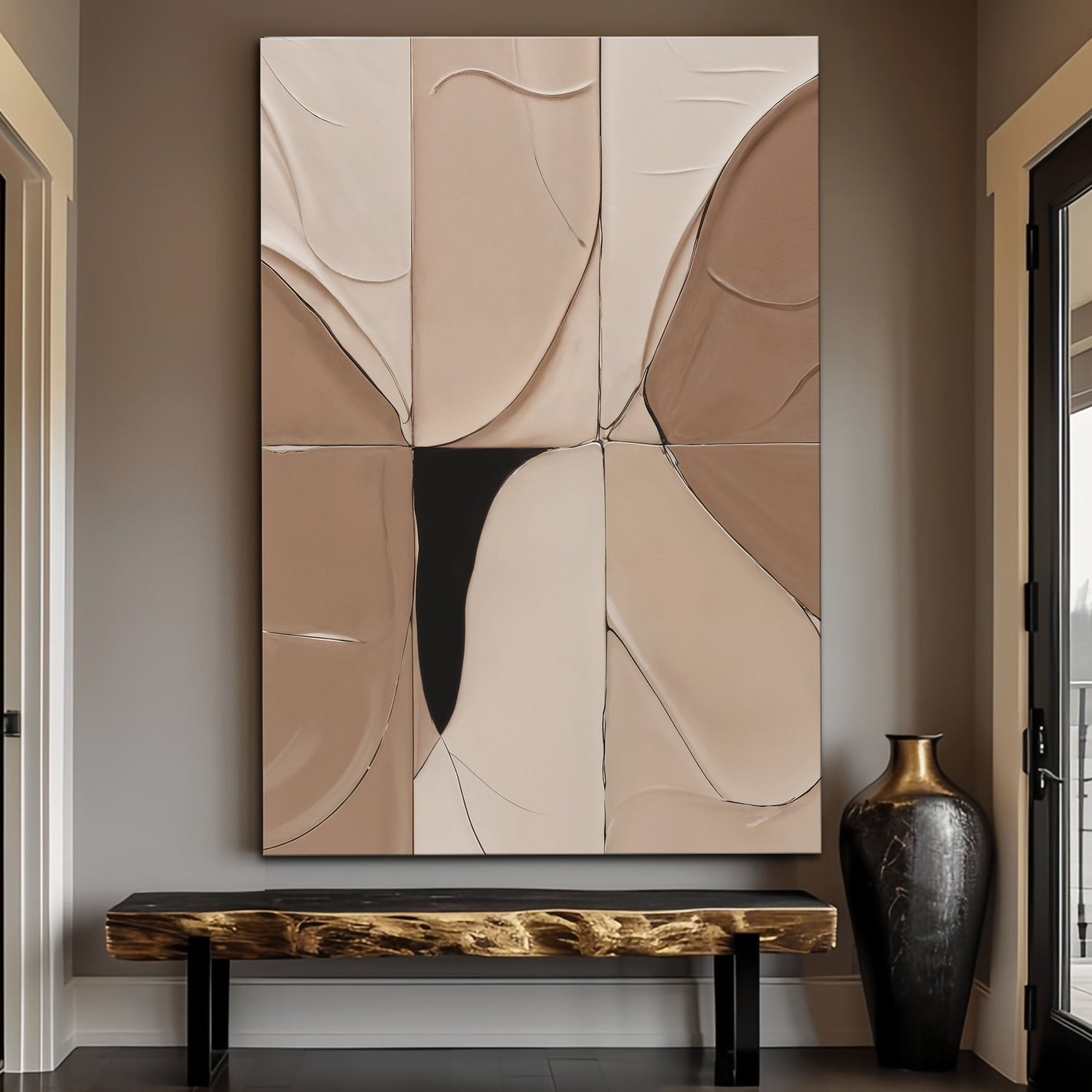 Neutral abstract boho canvas wall art in soft earthy tones for bedroom living room or reading nook decor