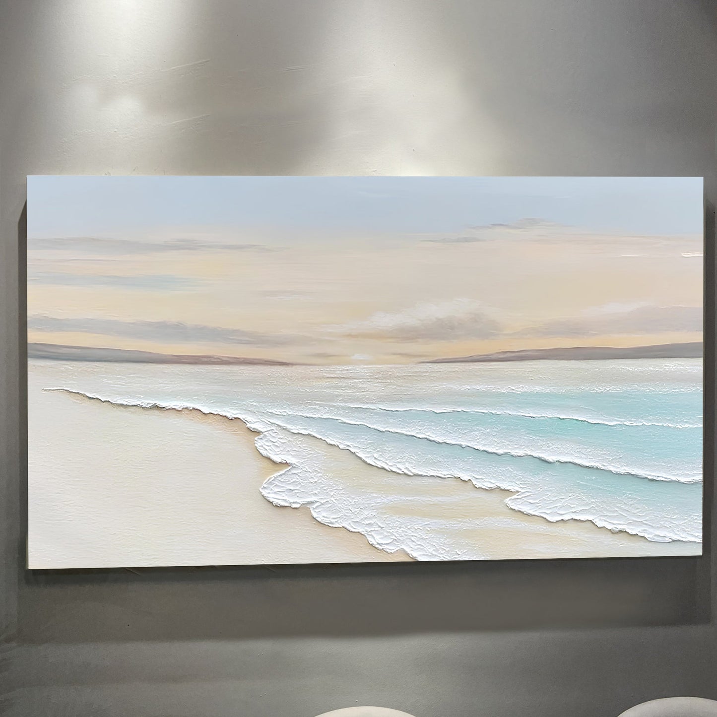Serene ocean wave coastal canvas wall art in calm blue tones, ready to hang