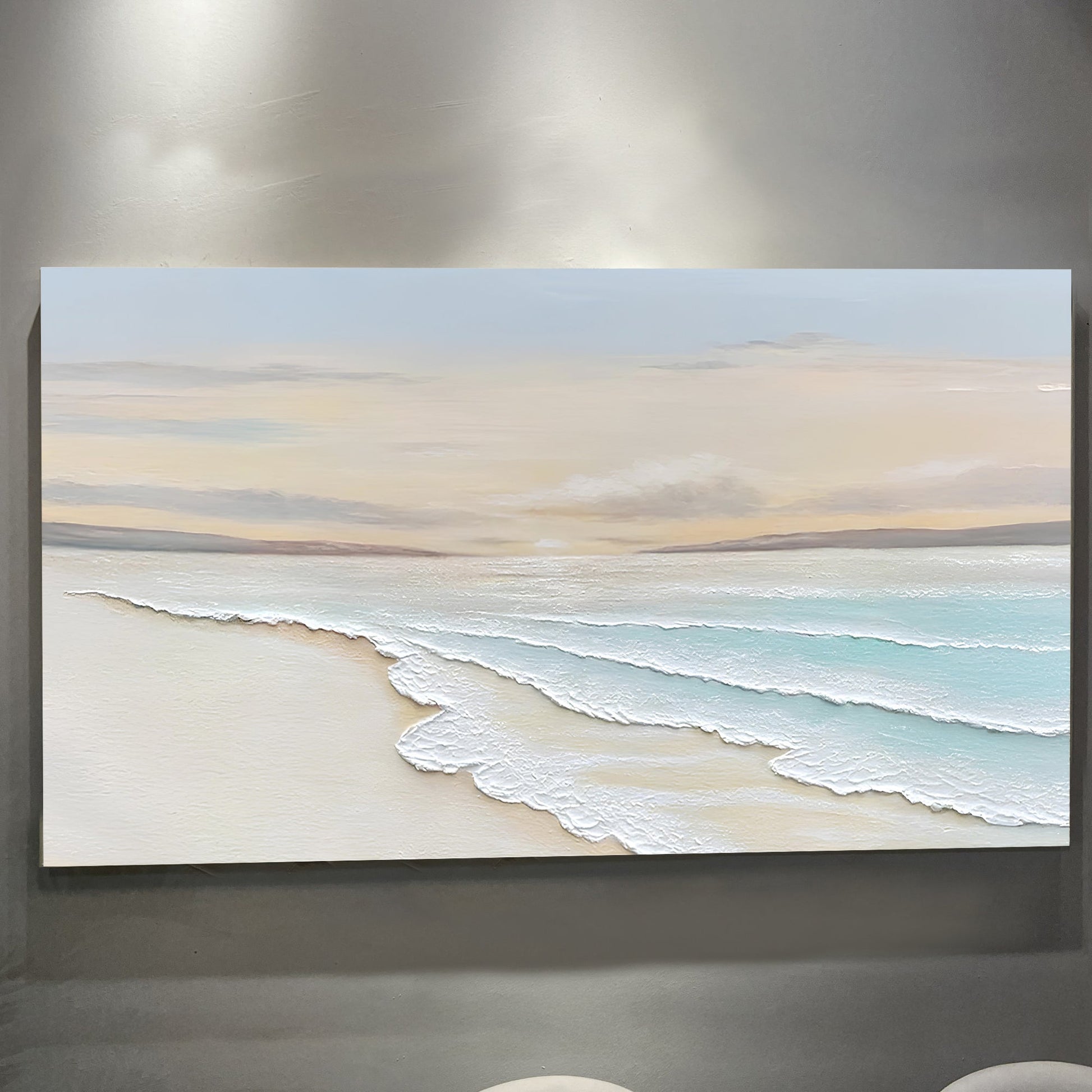 Serene ocean wave coastal canvas wall art in calm blue tones, ready to hang