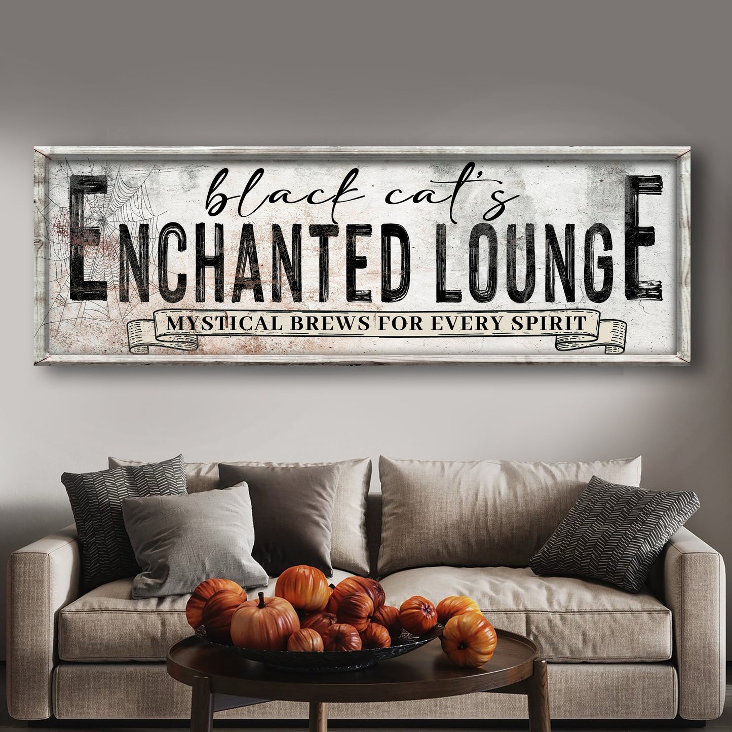 Black cat enchanted lounge Halloween vertical canvas wall art with seasonal witch decor