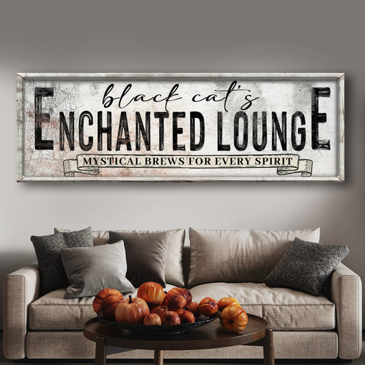 Black cat enchanted lounge Halloween vertical canvas wall art with seasonal witch decor